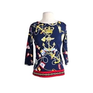 Talbots Nautical Print Navy Blue Bateau Top